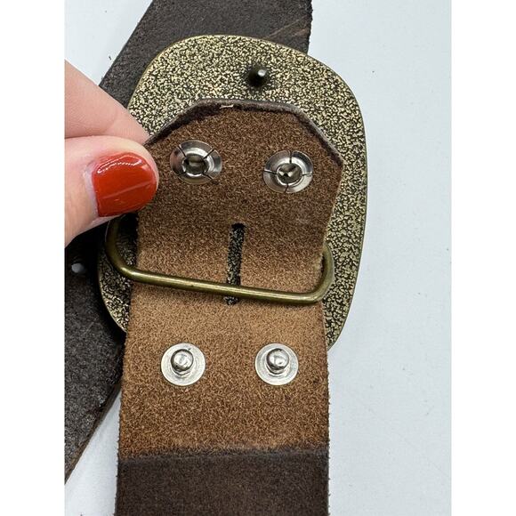 Allison Daniel Designs Brown Tooled Leather Belt Navy Gold Lobster Buckle Sz 38 - Picture 8 of 8
